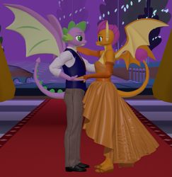 Size: 1051x1080 | Tagged: safe, artist:ponygamer2020, imported from derpibooru, smolder, spike, anthro, dragon, 3d, beauty and the beast, clothes, couple, crying, cute, daaaaaaaaaaaw, dancing, disney, disney princess, dragoness, dress, duo, female, flats, flower, good end, happy, happy ending, holding hands, implied tail hole, legs, looking at each other, looking at someone, love, male, marriage, nexgen, older, older smolder, older spike, pants, sad, scene interpretation, shipping, shoes, smiling, smolder also dresses in style, smolderbetes, source filmmaker, spikabetes, spikelove, spolder, spread wings, straight, tail, tears of joy, tuxedo, wedding, wedding dress, winged spike, wings