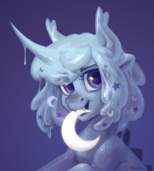 Size: 1800x2000 | Tagged: safe, artist:jewellier, imported from derpibooru, oc, oc only, oc:star moonlight, goo, goo pony, original species, pony, bust, crescent moon, fangs, horn, looking at you, moon, portrait, simple background, solo, tangible heavenly object