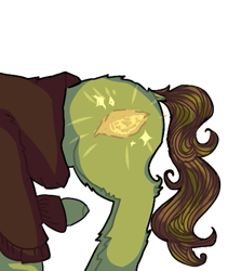 Size: 433x512 | Tagged: safe, alternate version, artist:atiha, imported from derpibooru, oc, oc only, oc:sagiri himoto, pony, unicorn, brown coat, brown hair, brown tail, butt, clothes, disproportional anatomy, dock, food, glowing cutie mark, green coat, half body, horn, lemon, plot, simple background, solo, sparkling, sweater, tail, telegram sticker, transparent background, unicorn oc