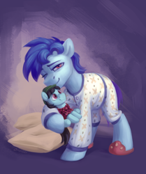 Size: 2170x2600 | Tagged: safe, artist:jewellier, imported from derpibooru, oc, oc:leo hawk, oc:swordy, earth pony, pony, clothes, male, pajamas, pillow, plushie, slippers, solo, stallion, toy