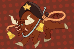 Size: 3082x2062 | Tagged: safe, artist:nonameorous, imported from derpibooru, bull, them's fightin' herds, beard, bell, bells, brown background, cloven hooves, community related, cowbell, facial hair, hexagon, high res, male, rope, ropes, simple background, smug, texas, texas (tfh)