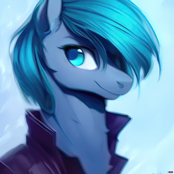 Size: 1024x1024 | Tagged: safe, editor:zealousmagician, imported from derpibooru, prompter:zealousmagician, oc, oc:calm ardour, pegasus, pony, ai content, ai generated, blue eyes, blue mane, bust, clothes, generator:purplesmart.ai, generator:stable diffusion, jacket, long neck, looking back, male, portrait, simple background, smiling, solo