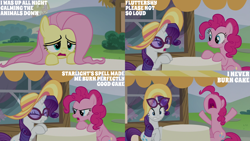 Size: 4400x2475 | Tagged: safe, edit, edited screencap, editor:quoterific, imported from derpibooru, screencap, fluttershy, pinkie pie, rarity, pegasus, pony, unicorn, every little thing she does, angry, eyes closed, female, glasses, hat, implied starlight glimmer, mare, nose in the air, open mouth, tired, tired eyes, tired pie