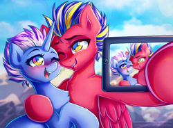 Size: 1426x1052 | Tagged: safe, artist:chaosangeldesu, imported from derpibooru, oc, oc only, pegasus, pony, unicorn, blushing, camera, chest fluff, cloud, duo, female, hoof hold, horn, hug, male, mare, one eye closed, open smile, selfie, sky, smiling, stallion, wings