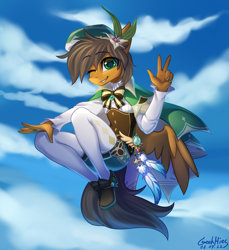 Size: 3200x3500 | Tagged: safe, artist:gicme, imported from derpibooru, oc, oc only, unnamed oc, anthro, pegasus, anthro oc, clothes, cloud, cosplay, costume, eye clipping through hair, eyebrows, eyebrows visible through hair, genshin impact, grin, high res, looking at you, one eye closed, peace sign, pegasus oc, signature, sky, smiling, smiling at you, solo, venti (genshin impact), wink, winking at you