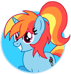 Size: 775x812 | Tagged: safe, imported from derpibooru, oc, oc only, oc:artie brush, pony, unicorn, female, horn, icon, mare, multicolored hair, paint, paintbrush, ponytail, rainbow hair, raised hoof, simple background, smiling, transparent background