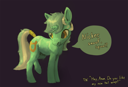 Size: 1467x1000 | Tagged: safe, artist:rhorse, lyra heartstrings, pony, unicorn, dialogue, female, horn, implied anon, looking back, mare, nickering, raised hoof, simple background, smiling, snoof, solo, tail wrap, talking, whiskers