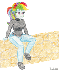 Size: 1600x1920 | Tagged: safe, artist:roseluck, imported from derpibooru, rainbow dash, human, equestria girls, alternate hairstyle, belt, breasts, busty rainbow dash, clothes, colored pencil drawing, cutie mark accessory, cutie mark earrings, denim, ear piercing, earring, female, full body, implied dashtavia, jeans, jewelry, lidded eyes, long sleeves, pants, piercing, ponytail, shading, shirt, shoes, simple background, sitting, smiling, solo, stone wall, sweater, traditional art, turtleneck, wall, white background