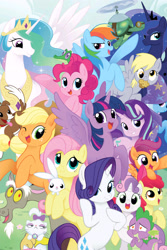 Size: 2107x3160 | Tagged: safe, imported from derpibooru, seven seas, angel bunny, apple bloom, applejack, derpy hooves, discord, fluttershy, gummy, opalescence, pinkie pie, princess celestia, princess luna, rainbow dash, rarity, scootaloo, spike, starlight glimmer, sweetie belle, tank, trixie, twilight sparkle, winona, alicorn, alligator, cat, dog, draconequus, dragon, earth pony, pegasus, pony, rabbit, tortoise, turtle, unicorn, my little pony: the manga, my little pony: the manga volume 1, spoiler:manga, spoiler:manga1, adorabloom, angelbetes, animal, apple bloom's bow, applejack's hat, bipedal, bow, cape, clothes, cowboy hat, crown, cute, cutealoo, cutie mark crusaders, dashabetes, derpabetes, diapinkes, diasweetes, discute, featured image, female, filly, foal, food, freckles, glimmerbetes, gummybetes, hair bow, hat, heart, heart eyes, implied shipping, implied sparity, implied straight, in love, jackabetes, jewelry, looking at you, male, mane eight, mane seven, mane six, mare, muffin, one eye closed, opalbetes, opalescence is not amused, open mouth, pet six, raribetes, regalia, shipping, shyabetes, smiling, sparity, spikabetes, stetson, straight, tankabetes, tourist, trixie's cape, trixie's hat, twiabetes, twilight sparkle (alicorn), unamused, wall of tags, wingding eyes, wink, winonabetes