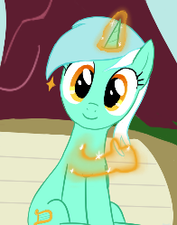 Size: 196x249 | Tagged: safe, artist:truthormare, lyra heartstrings, pony, unicorn, bench, female, glowing horn, hand, horn, looking at you, magic, magic hands, mare, requested art, smiling, solo, thumbs up