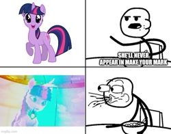 Size: 620x485 | Tagged: safe, edit, imported from derpibooru, screencap, twilight sparkle, alicorn, unicorn, spoiler:g5, spoiler:my little pony: make your mark, cereal guy, g4, g5, meme, my little pony: make your mark, my little pony: make your mark chapter 2, rage comic, spit take, twilight sparkle (alicorn), unicorn twilight, unity crystals