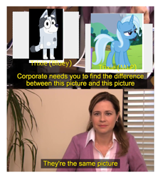 Size: 1389x1541 | Tagged: safe, artist:thegamerpainter, edit, edited screencap, imported from derpibooru, screencap, trixie, human, pony, unicorn, bluey, exploitable meme, female, meme, spoilers for another series, text, the office, they're the same picture, trixie (bluey), trixie heeler