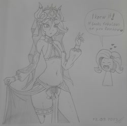 Size: 2250x2231 | Tagged: safe, artist:katanis, imported from derpibooru, rainbow dash, rarity, human, equestria girls, chibi, clothes, cosplay, costume, cute, female, genshin impact, monochrome, nilou (genshin impact), partial nudity, sketch, solo, speech bubble, text, traditional art