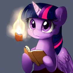 Size: 1024x1024 | Tagged: safe, imported from derpibooru, twilight sparkle, alicorn, pony, ai content, ai generated, book, candle, fire, generator:purplesmart.ai, generator:stable diffusion, solo, twilight sparkle (alicorn)