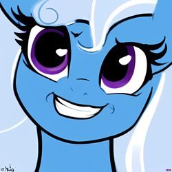 Size: 1024x1024 | Tagged: safe, imported from derpibooru, trixie, pony, ai content, ai generated, cute, diatrixes, female, generator:purplesmart.ai, generator:stable diffusion, grin, mare, missing horn, reaction image, smiling, solo, unsure