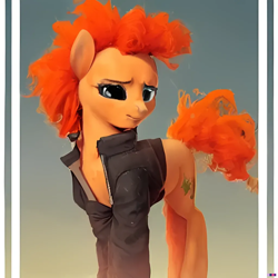 Size: 1024x1024 | Tagged: safe, imported from derpibooru, carrot top, golden harvest, earth pony, pony, ai content, ai generated, clothes, generator:purplesmart.ai, generator:stable diffusion, jacket, messy mane, solo, statue