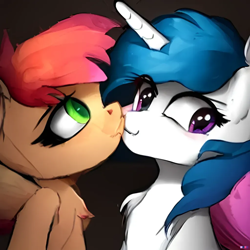 Size: 1024x1024 | Tagged: safe, imported from derpibooru, oc, oc only, earth pony, pony, unicorn, ai content, ai generated, chest fluff, cute, duo, generator:purplesmart.ai, generator:stable diffusion, kiss on the lips, kissing, looking at you, shipping