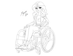 Size: 1280x989 | Tagged: safe, artist:shinta-girl, imported from derpibooru, sunset shimmer, human, equestria girls, lineart, paraplegic, signature, simple background, sitting, solo, wheelchair, white background