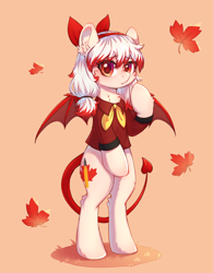 Size: 2500x3200 | Tagged: safe, artist:anya, imported from derpibooru, oc, oc only, oc:cunben_mapleleaf, bat pony, pony, bipedal, bow, cheek fluff, chest fluff, clothes, devil tail, hair bow, looking at you, shirt, solo, spread wings, tail, wings
