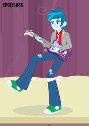 Size: 661x935 | Tagged: safe, artist:excelso36, imported from derpibooru, part of a set, thunderbass, human, equestria girls, canterlot high, clothes, converse, electric guitar, guitar, male, musical instrument, necktie, shoes, stage