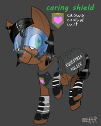 Size: 863x1080 | Tagged: safe, artist:anonixar, imported from derpibooru, oc, oc only, oc:caring shield, earth pony, pony, female, mare, riot gear