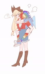 Size: 1260x2058 | Tagged: safe, artist:wan20070518, imported from derpibooru, applejack, rainbow dash, human, appledash, boots, carrying, clothes, female, humanized, lesbian, rainbow socks, shipping, shirt, shoes, shorts, simple background, skirt, socks, striped socks, white background, winged humanization, wings