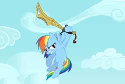 Size: 1100x737 | Tagged: safe, artist:swiftgaiathebrony, imported from derpibooru, rainbow dash, pegasus, pony, cloud, female, mare, object, sky, solo, sword, sword of the storm, weapon, wind, xiaolin showdown