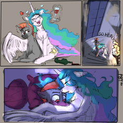 Size: 5000x5000 | Tagged: safe, artist:ponybrotoons, imported from derpibooru, princess celestia, oc, alicorn, pegasus, pony, alcohol, bed, blushing, carrying, chest fluff, comic, dialogue, drunk, drunklestia, eyes closed, floppy ears, happy, heart, hug, open mouth, open smile, pillow, sleeping, smiling, stairs, wide eyes, wine, winghug, wings