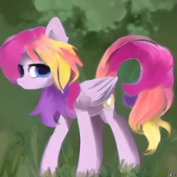 Size: 1024x1024 | Tagged: safe, imported from derpibooru, oc, oc:dawn effluence, pony, ai content, ai generated, curly hair, cute, female, generator:purplesmart.ai, generator:stable diffusion, grass, looking at you, mare, multicolored hair, pretty, solo