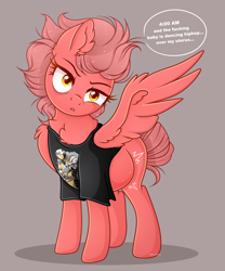 Size: 2500x3000 | Tagged: safe, artist:chromatic-sheen, imported from derpibooru, oc, oc only, oc:fast fire, pegasus, pony, abstract background, chest fluff, clothes, design, dialogue, female, folded wings, mare, mortal kombat, pregnant, scorpion (mortal kombat), shirt, shirt design, solo, spread wings, t-shirt, text, wings
