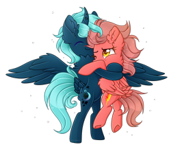 Size: 3500x3000 | Tagged: safe, artist:chromatic-sheen, imported from derpibooru, oc, oc only, oc:fast fire, oc:fizz, alicorn, pegasus, pony, alicorn oc, curved horn, duo, ear fluff, female, folded wings, horn, hug, mare, one eye closed, pegasus oc, simple background, spread wings, transparent background, wings