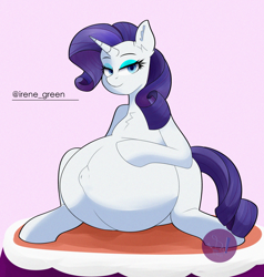 Size: 2000x2100 | Tagged: safe, artist:diamondgreenanimat0, imported from derpibooru, rarity, pony, unicorn, belly, belly button, big belly, blue eyes, commission, female, lidded eyes, looking at you, mare, outie belly button, preggity, pregnant, purple hair, simple background, smiling, solo, tail