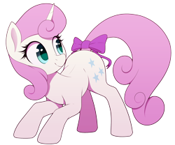 Size: 2400x2000 | Tagged: safe, artist:thebatfang, imported from derpibooru, twinkleshine, pony, unicorn, bow, cute, digital art, female, looking at something, mare, pink mane, pink tail, simple background, smiling, solo, tail, tail bow, transparent background