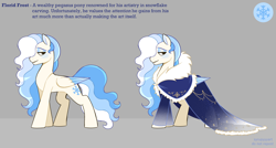 Size: 4672x2500 | Tagged: safe, artist:syrupyyy, imported from derpibooru, oc, oc only, oc:florid frost, pegasus, pony, clothes, crossdressing, dress, eyeshadow, folded wings, hair over one eye, lidded eyes, makeup, male, solo, stallion, text, two toned wings, wings