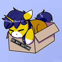 Size: 2894x2894 | Tagged: safe, artist:jellysketch, imported from derpibooru, oc, oc only, oc:seigwestwood, pony, unicorn, box, commission, eyes closed, pony in a box, simple background, sleeping, solo, ych result