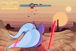 Size: 5298x3574 | Tagged: safe, artist:elissette_anne, imported from derpibooru, trixie, changeling, unicorn, desert, laser beams, lightsaber, parody, solo, star wars, sunset, two suns, weapon