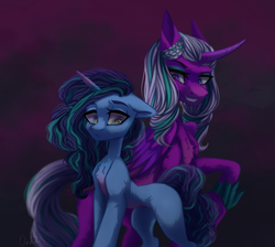 Size: 2411x2160 | Tagged: safe, artist:maybeweed, imported from derpibooru, opaline arcana, alicorn, pony, unicorn, spoiler:g5, spoiler:my little pony: make your mark, chest fluff, colored pupils, curly mane, curved horn, dark, digital art, duo, duo female, eyelashes, feather, female, folded wings, g5, green eyes, grin, high res, hoof shoes, horn, mare, misty brightdawn, purple background, raised hoof, signature, simple background, smiling, teeth, white mane, wings