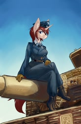 Size: 1269x1920 | Tagged: safe, artist:龙宠, imported from derpibooru, oc, oc:stowe finberg, anthro, unicorn, boots, cap, clothes, gloves, hat, military, military pony, military uniform, shoes, sitting, tank (vehicle), tiger (tank), uniform