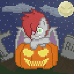 Size: 1024x1024 | Tagged: safe, artist:hoshiro, imported from derpibooru, oc, oc only, oc:hoseki shiro, bat pony, bat wings, gravestone, halloween, heterochromia, holiday, jack-o-lantern, moon, night, pixel art, pumpkin, wings