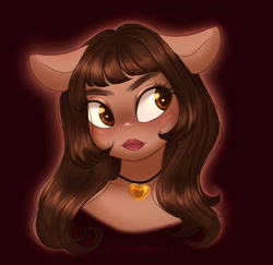 Size: 2048x1992 | Tagged: safe, artist:cherubisous, imported from derpibooru, anthro, earth pony, pony, brown background, bust, enya umanzor, female, jewelry, lipstick, looking away, mare, necklace, ponified, simple background, solo