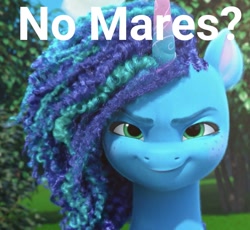 Size: 814x750 | Tagged: safe, edit, edited screencap, imported from derpibooru, screencap, pony, unicorn, spoiler:my little pony: make your mark chapter 2, spoiler:myms01e01, caption, evil smirk, female, g5, izzy does it, mare, megamind, meme, misty brightdawn, my little pony: a new generation, my little pony: make your mark, my little pony: make your mark chapter 2, no bitches?, outdoors, solo, text, tree
