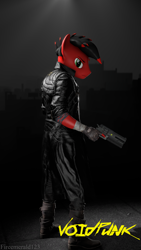 Size: 2160x3840 | Tagged: safe, alternate version, artist:fireemerald123, imported from derpibooru, oc, oc only, oc:page feather, anthro, 3d, city, cityscape, clothes, gun, handgun, jacket, leather, leather jacket, revolver, simple background, solo, source filmmaker, voidpunk, watermark