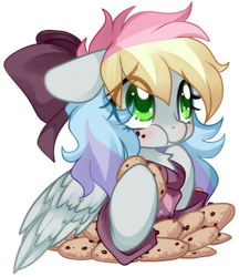 Size: 832x961 | Tagged: safe, artist:loyaldis, imported from derpibooru, oc, oc only, oc:blazey sketch, pegasus, pony, blushing, bow, chest fluff, clothes, cookie, eating, embarrassed, food, green eyes, grey fur, hair bow, long mane, multicolored hair, pegasus oc, simple background, small wings, solo, sweater, transparent background, wings