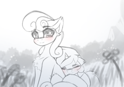 Size: 4096x2887 | Tagged: safe, artist:jfrxd, imported from derpibooru, bon bon, lyra heartstrings, sweetie drops, earth pony, pony, unicorn, blushing, chest fluff, ear fluff, female, field, flower, horn, mare, meadow, monochrome, sitting, sleeping