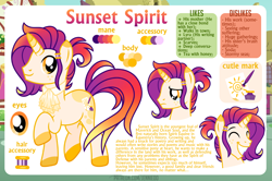 Size: 1200x798 | Tagged: safe, artist:jennieoo, imported from derpibooru, oc, oc only, oc:sunset spirit, pony, unicorn, bio, cutie mark, happy, looking at you, male, reference sheet, sad, show accurate, simple background, smiling, smiling at you, solo, vector
