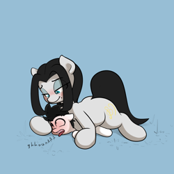 Size: 2349x2349 | Tagged: safe, artist:vipy, imported from derpibooru, oc, oc:klavinova, oc:vipy, earth pony, pony, asphyxiation, blushing, duo, eyeshadow, female, larger female, lidded eyes, makeup, male, mare, open mouth, size difference, smaller male, smol, stallion, suffocating, tongue out, wide eyes