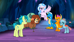 Size: 1600x900 | Tagged: safe, imported from derpibooru, screencap, gallus, ocellus, sandbar, silverstream, smolder, yona, changedling, changeling, classical hippogriff, dragon, earth pony, griffon, hippogriff, pony, yak, uprooted, cloven hooves, colored hooves, crossed arms, gallus is not amused, jewelry, necklace, smolder is not amused, student six, unamused