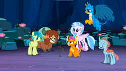 Size: 1600x900 | Tagged: safe, imported from derpibooru, screencap, gallus, ocellus, sandbar, silverstream, smolder, yona, changedling, changeling, classical hippogriff, dragon, earth pony, griffon, hippogriff, pony, yak, uprooted, bow, cloven hooves, colored hooves, eyes closed, hair bow, jewelry, kneeling, monkey swings, necklace, raised eyebrow, student six