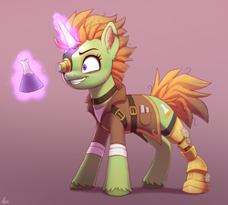 Size: 2108x1900 | Tagged: safe, artist:luminousdazzle, imported from derpibooru, oc, oc only, oc:juniper, pony, unicorn, amputee, beaker, clothes, cog, erlenmeyer flask, female, flask, glowing, glowing horn, grin, horn, insanity, mad scientist, magic, mare, messy mane, potion, prosthetic eye, prosthetic leg, prosthetic limb, prosthetics, scientist, simple background, smiling, solo, steampunk, torn ear, unicorn oc, unshorn fetlocks