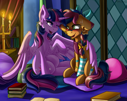Size: 2476x1983 | Tagged: safe, artist:yuris, imported from derpibooru, twilight sparkle, oc, oc:solar comet, alicorn, pegasus, pony, bed, blushing, book, bow, braid, braided tail, candelabra, candle, castle, clothes, commission, cupboard, curtains, disguised changedling, duo, duo female, embrace, female, floppy ears, lesbian, night, one eye closed, patch, pegasus oc, pillow, room, shipping, smiling, socks, striped socks, sweat, tail, twilight sparkle (alicorn), twilight's castle, two toned hair, wings, wink